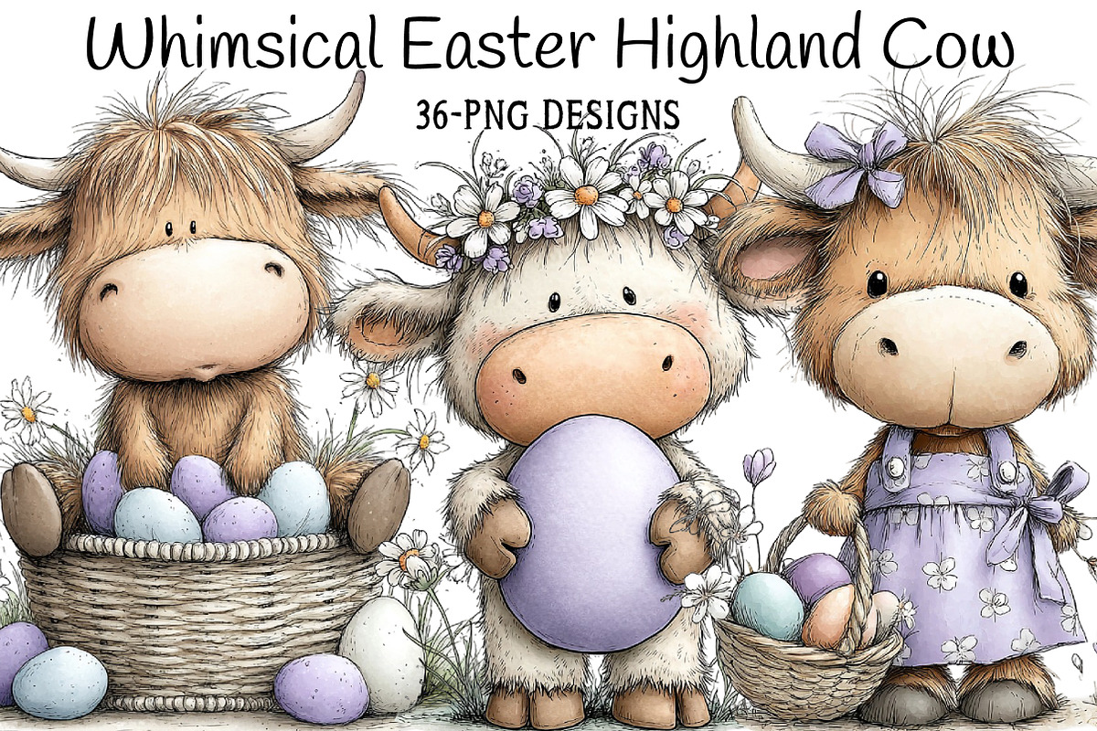 Whimsical Easter Highland Cow Clipar, an Illustration by Daily.Designs (Photo 1 of 8)
