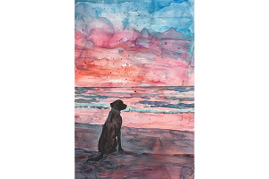 Dog Watching Sunset Watercolor Art, an Animal Illustration by Art Paradise Studios