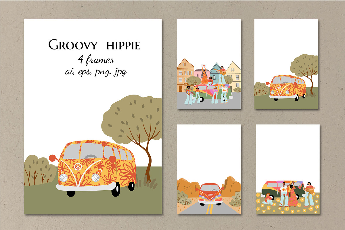 Groovy Hippie Frame Retro Set, a Person Illustration by LyubovZaytseva
