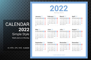 2022 Simple Calendar Monday Starts.