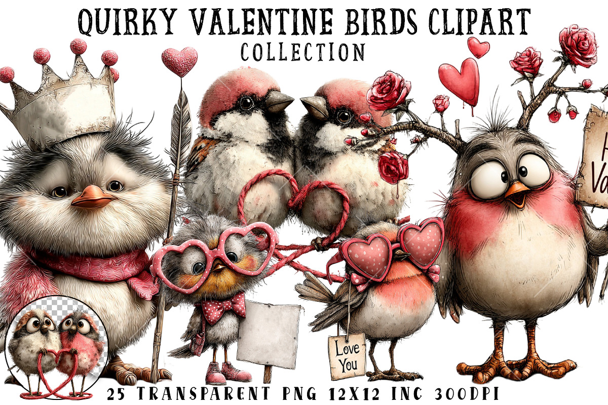 Quirky Valentine Birds Clipart, an Illustration by OK Design (Photo 1 of 6)