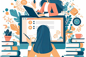 Creative workspace setup with woman engaged in online learning and productivity, a Photo by AS photostudio