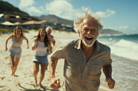 Joyful Senior Man Running on the Beach with Family