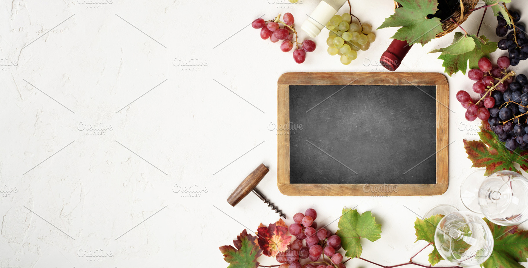 Wine Tasting Chalkboard with Grapes and Bottles Flat Lay, a Food & Drink Photo by Natalia Klenova's Shop
