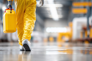 Worker in yellow hazmat suit carry, an Industrial Photo by MistyDay