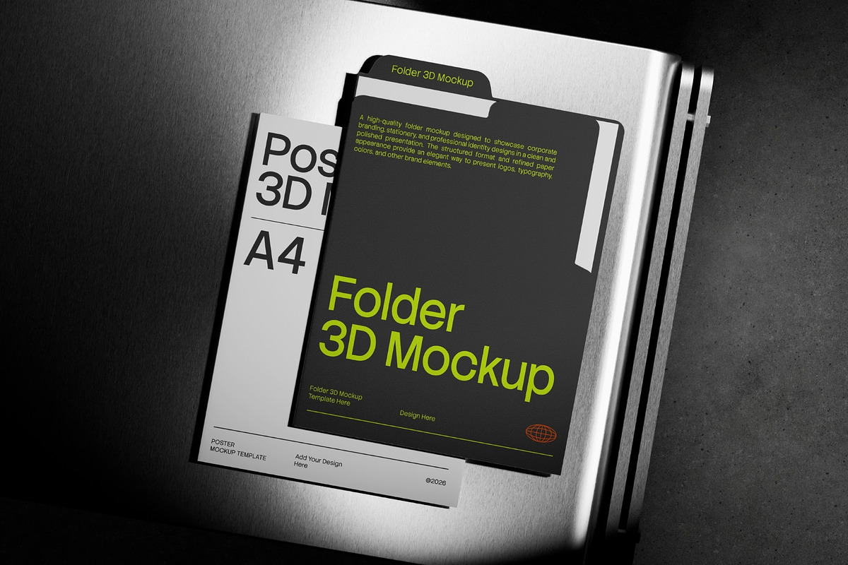 A4 Folder On Metal Chair 3D Mockup, a Books & Magazine Mockup by graphicook (Photo 4 of 4)