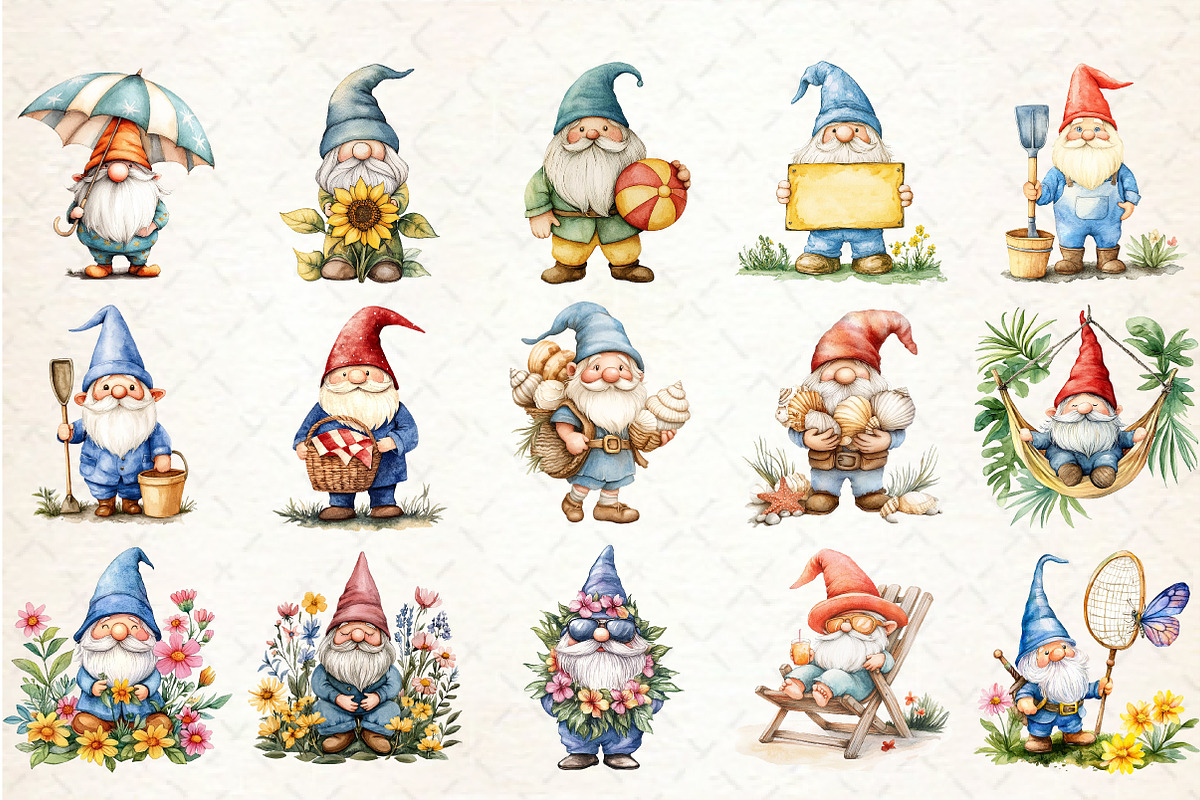 Watercolor Summer Gnome Clipart, an Illustration by Libby Wishes (Photo 3 of 6)