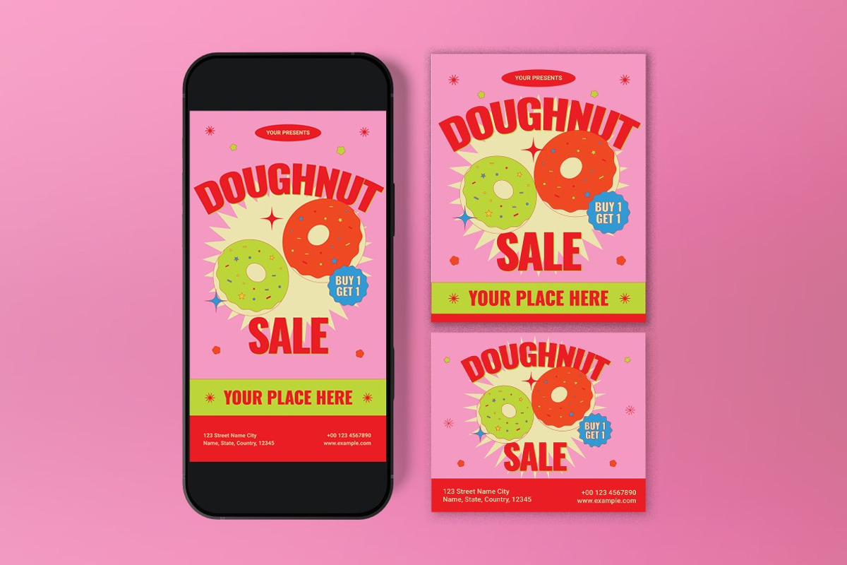 Pink Quirky Doughnut Sale Flyer Set, a Flyer Template by graphicook (Photo 3 of 3)