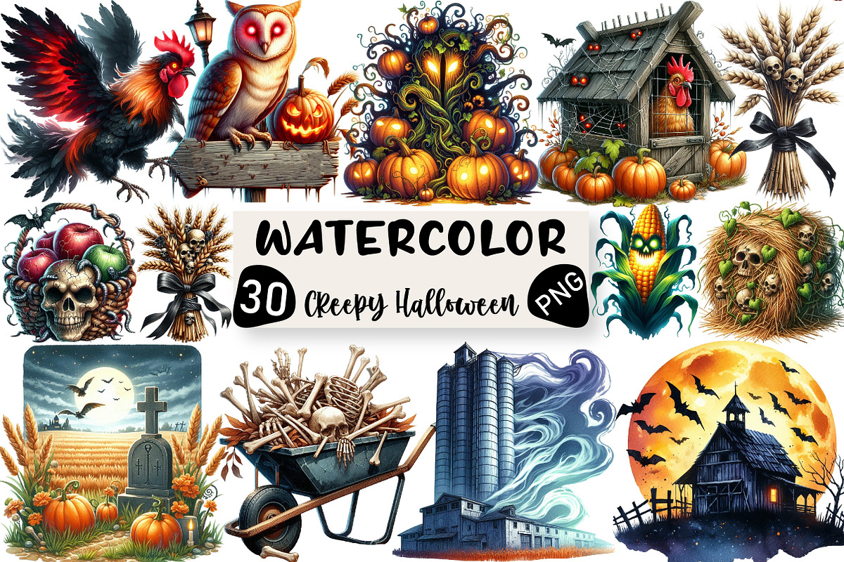 Creepy Halloween Farm Clipart Png, an Illustration by Black Bird Studio (Photo 1 of 6)