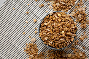 Healthy Homemade Toasted Muesli with Nuts in a Bowl, top view. C, a Food & Drink Photo by LiudmylaChuhunova