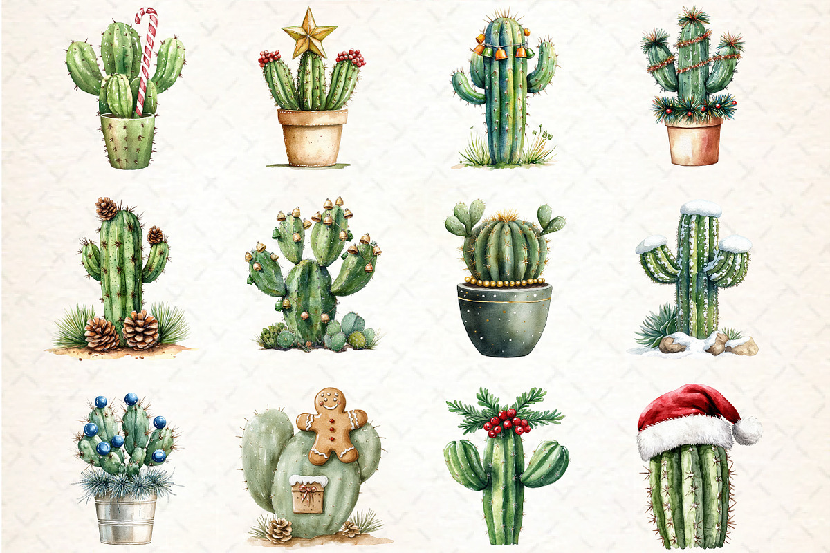 Watercolor Christmas Cactus Clipart, an Illustration by DreamCafeArt (Photo 3 of 4)