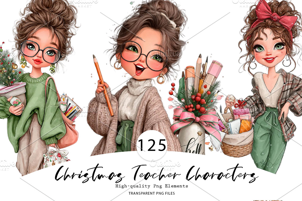 Christmas Teacher Characters, a Seasonal Illustration by CreationArt (Photo 1 of 9)