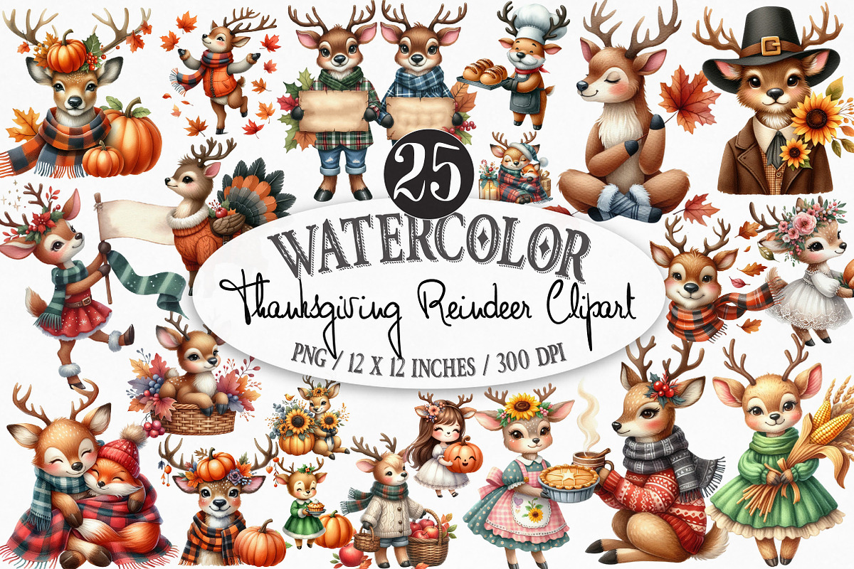 Watercolor Thanksgiving Reindeer PNG, an Illustration by Designking (Photo 1 of 4)