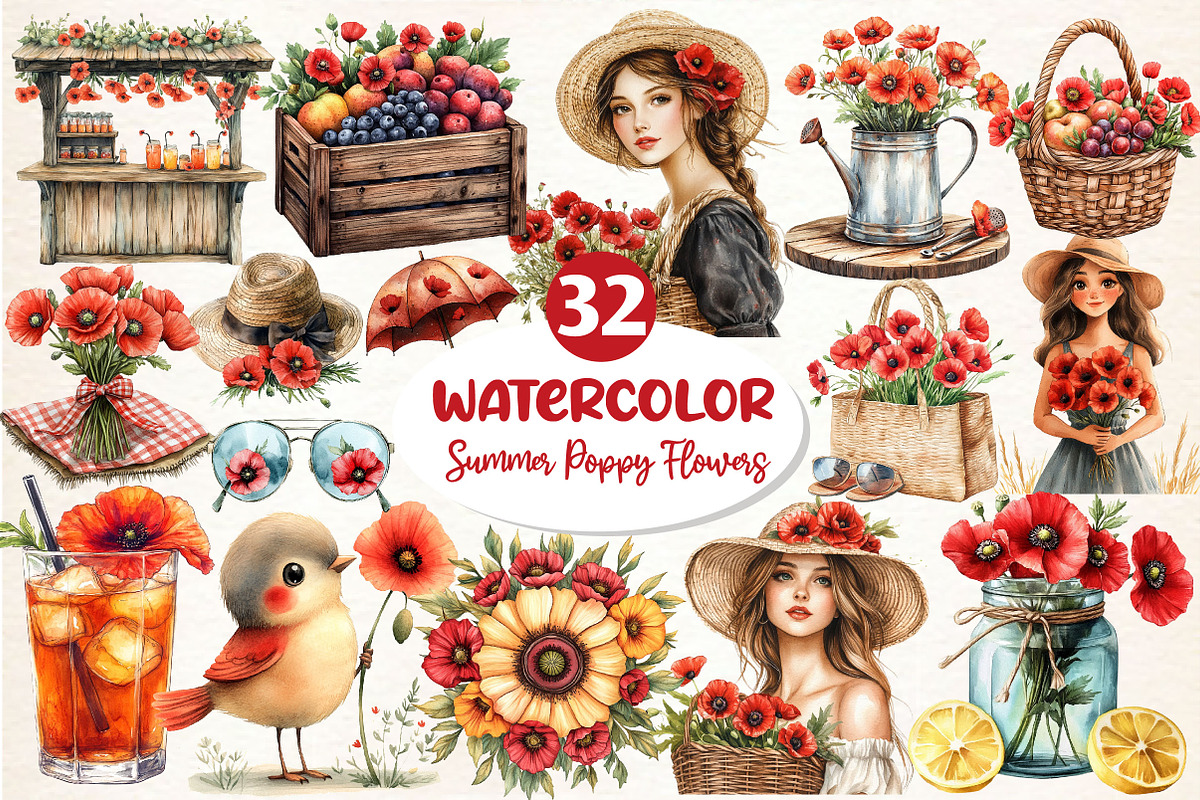 Summer Poppy Flowers Clipart, an Illustration by Dream Creation (Photo 1 of 6)