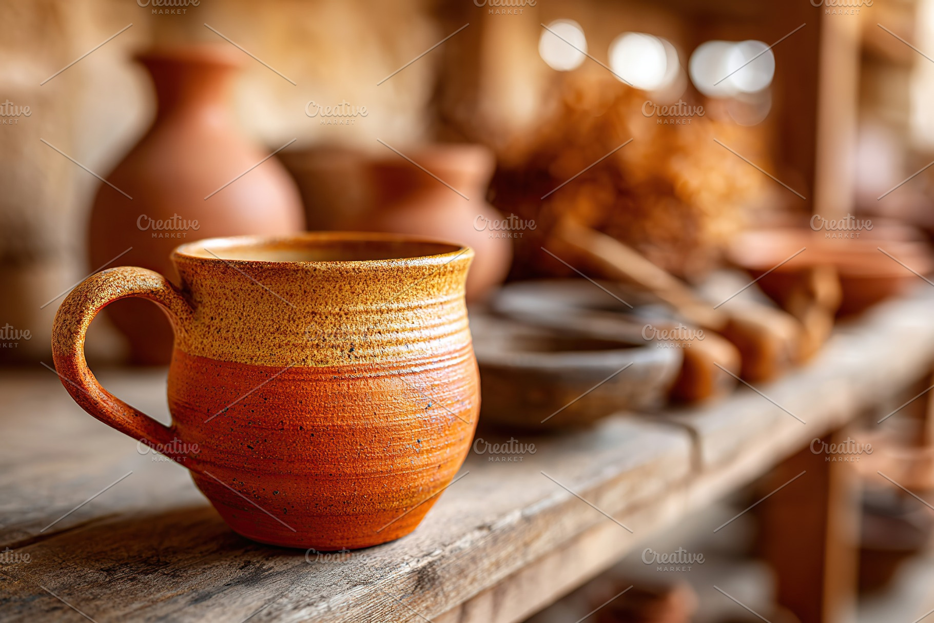 Unique mug blank design showcased on a rustic wooden shelf with pottery, a Food & Drink Photo by AlyaAnd