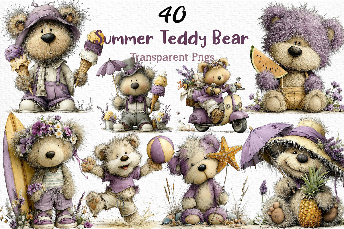 Whimsical Summer Teddy Bear Clipart, an Illustration by Craft Nest (Photo 1 of 6)