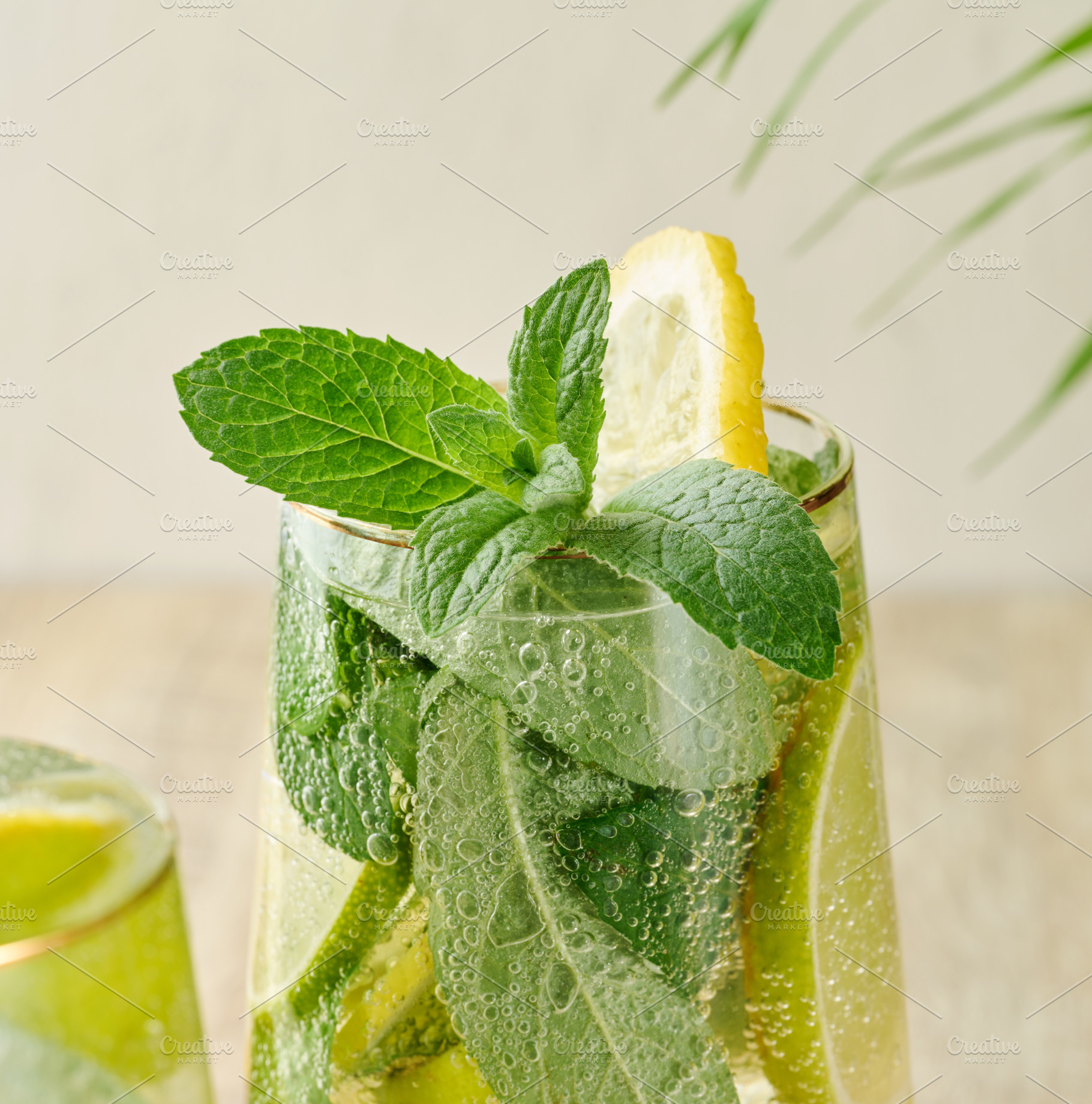 A sprig of mint in a glass of lemonade on a white background, a Food & Drink Photo by ndanko
