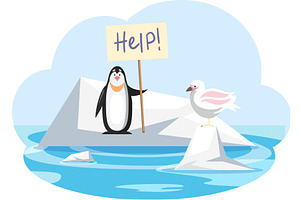 Seagull and penguin on ice floe need