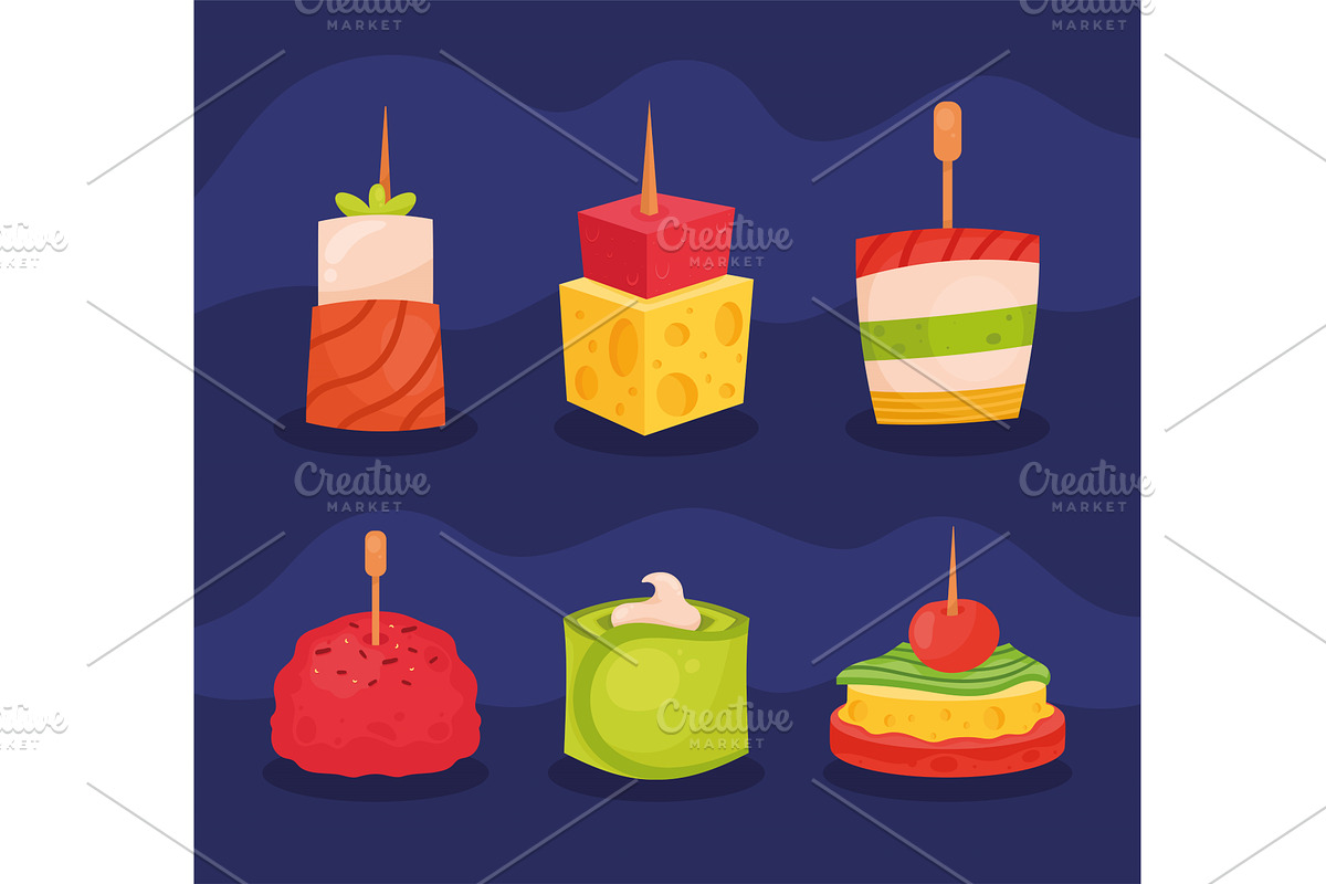 six appetizers party icons, a Food Illustration by studiogstock