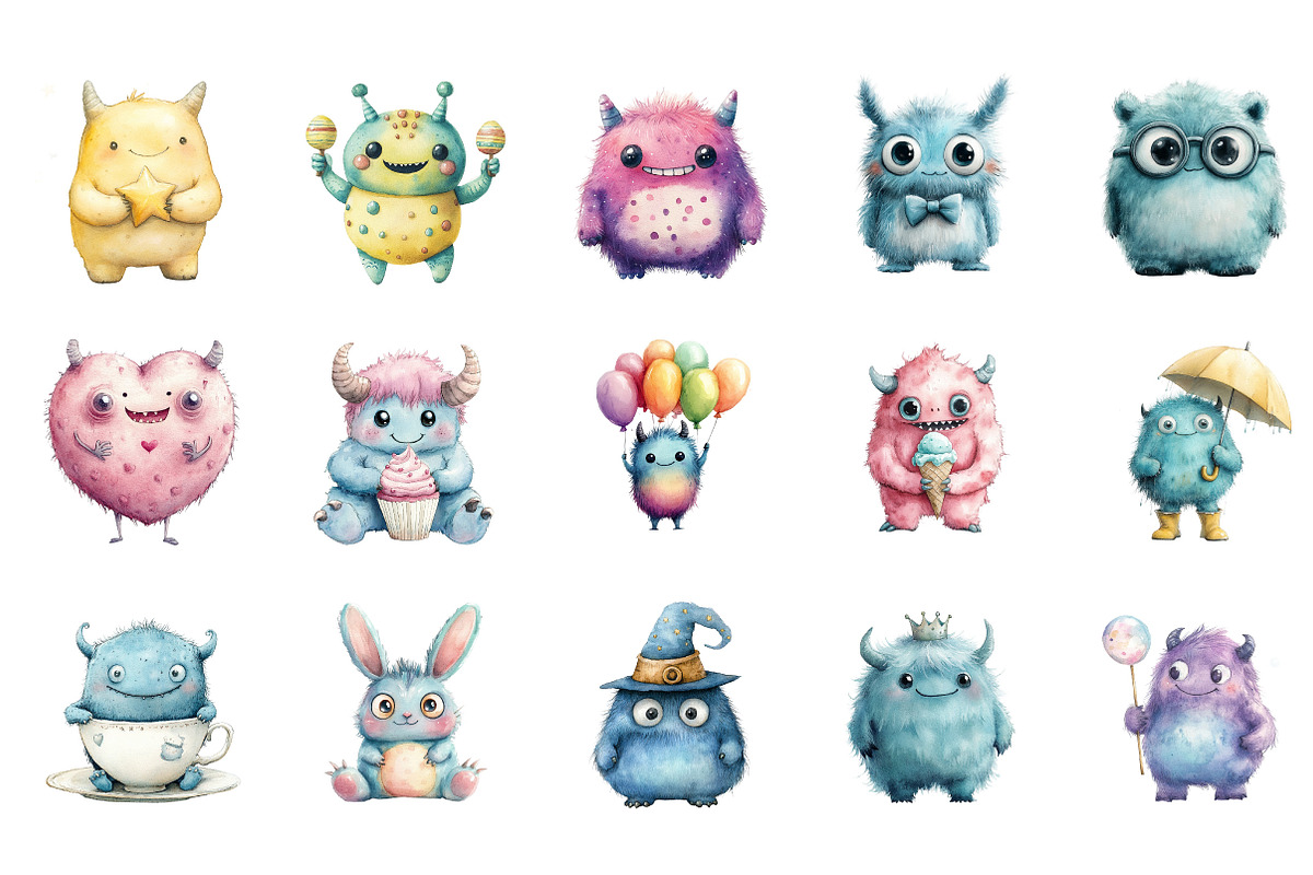 Cute Monsters Watercolor Clipart, an Illustration by Designking (Photo 2 of 5)