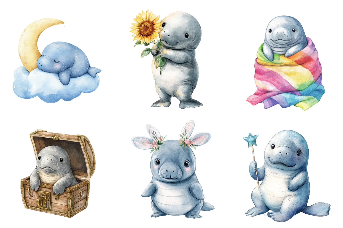 Cute Baby Watercolor Manatees Clipar, an Illustration by CreationArt (Photo 3 of 5)