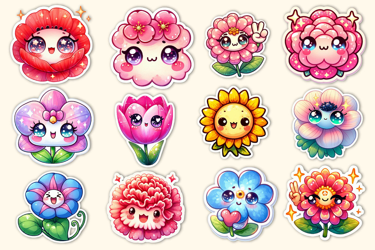 Kawaii Flowers Stickers Bundle, an Illustration by Dream Creation (Photo 2 of 5)