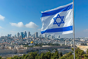 Israel flag waving in the wind over the city of Jerusalem, Israe, a Photo by AS photostudio