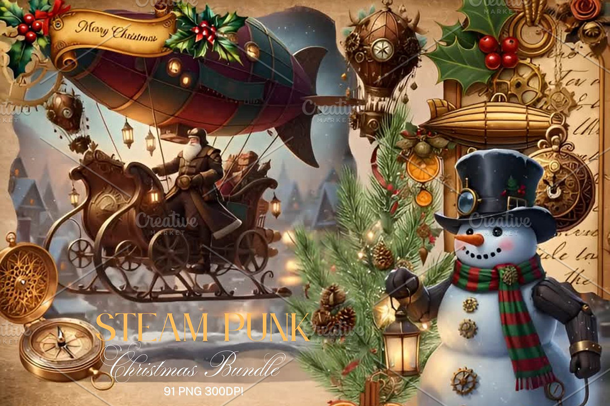 SteamPunk Christmas bundle 300 DPI, a Seasonal Illustration by Floraphoria (Photo 1 of 15)