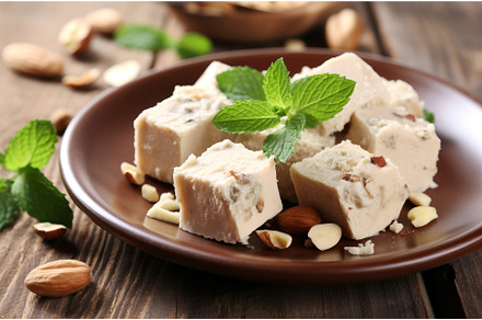 Plate piece halva on wooden table, a Food & Drink Photo by Ylivdesign