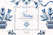 Vintage Bouquets In Delft Blue, a Decorative Illustration by Collection by VY (Thumbnail 1 of 12)