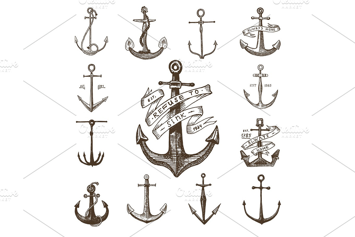 Anchor engraved vintage in old hand drawn or tattoo style, drawing for ...