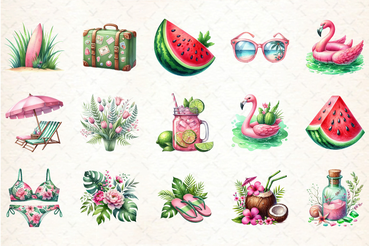 Pink and Green Summer Clipart, an Illustration by DreamCafeArt (Photo 3 of 4)