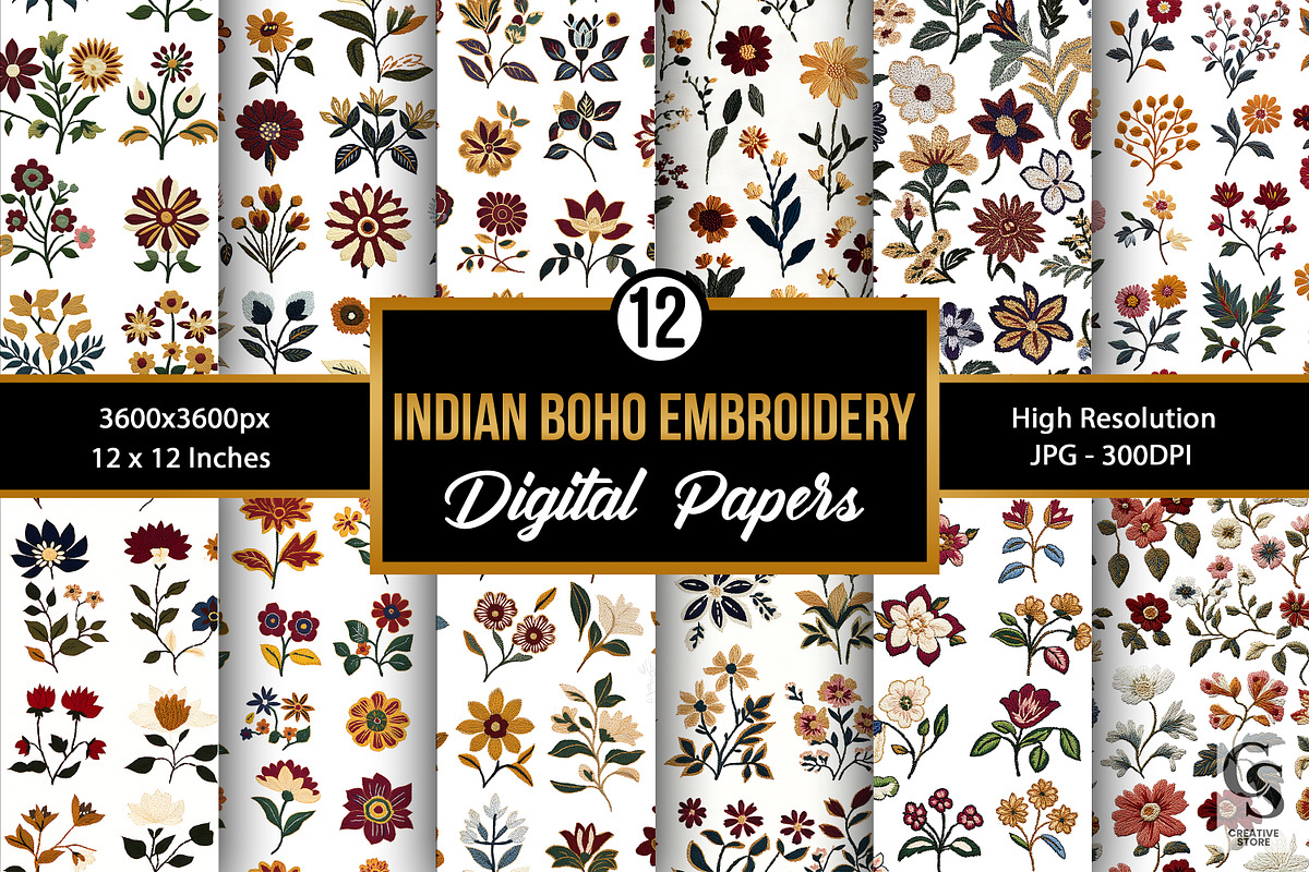 Indian Boho Floral Embroidery Papers, a Pattern Graphic by Creative Store (Photo 1 of 5)