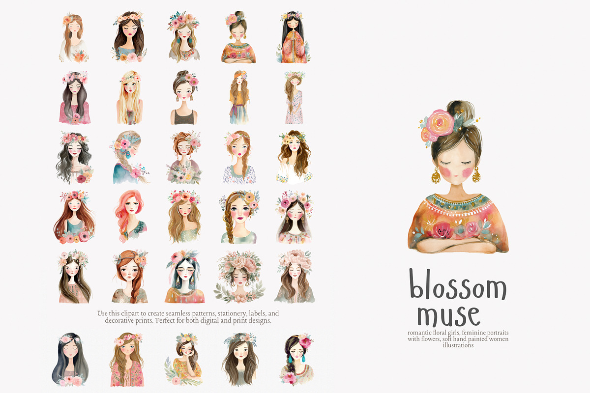 Watercolor boho women clipart set, a Decorative Illustration by Patishop Art (Photo 3 of 11)