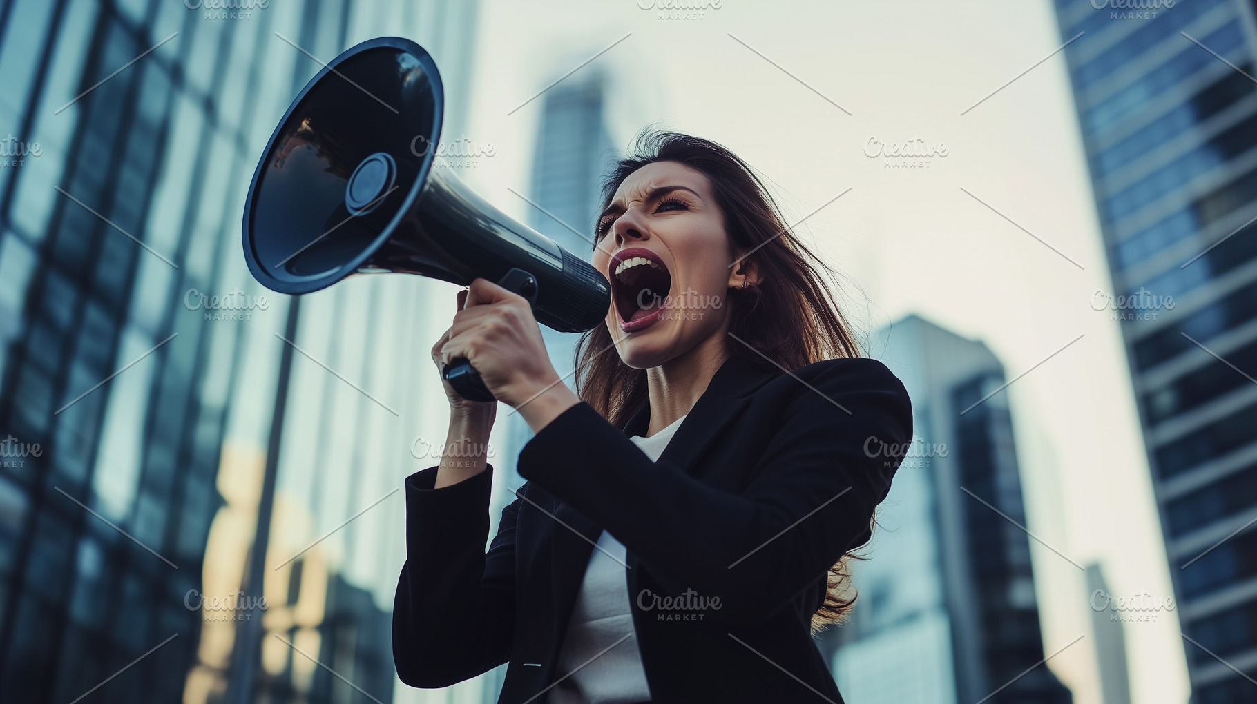Confident businesswoman shouts into, a Business Photo by MistyDay