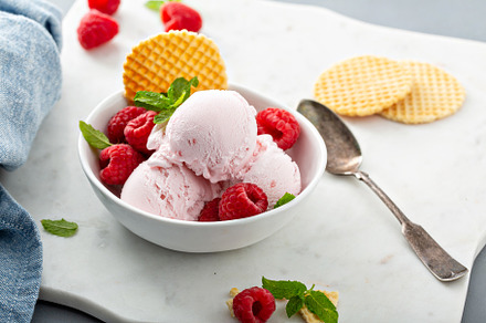 Raspberry ice cream in a bowl with fresh berries, a Food & Drink Photo by farwasser