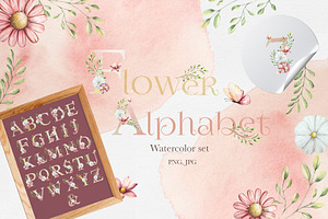 Flower alphabet, numbers watercolor