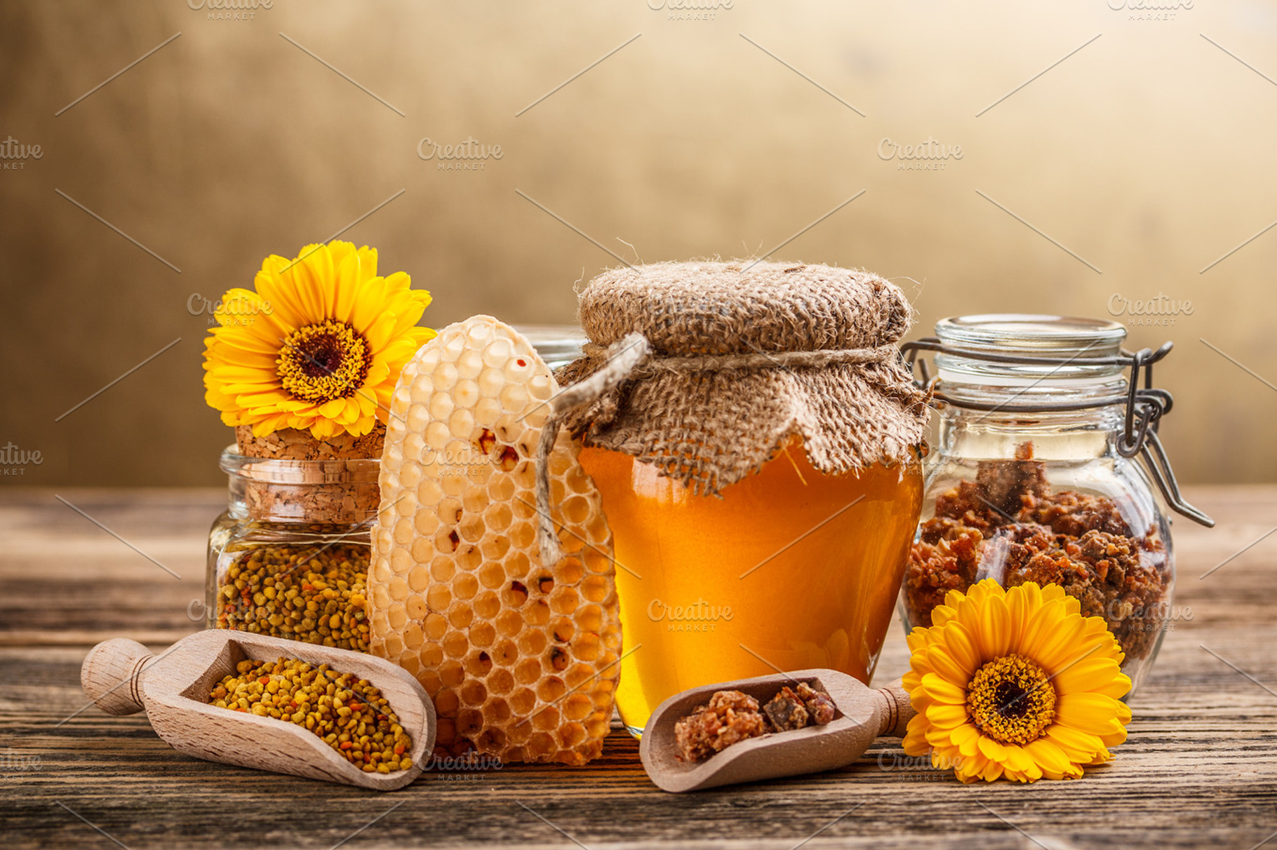 Honey containing apiary, bees, and composition