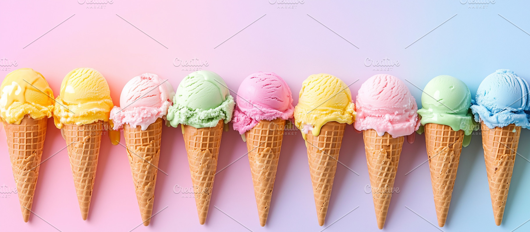 Ice cream cones in a row on playful, a Food & Drink Photo by MistyDay
