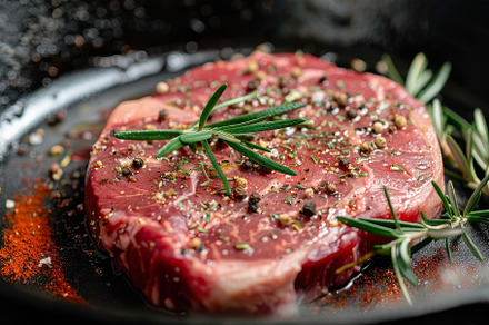 Raw steak seasoned with spices and f, a Photo by Tanuart