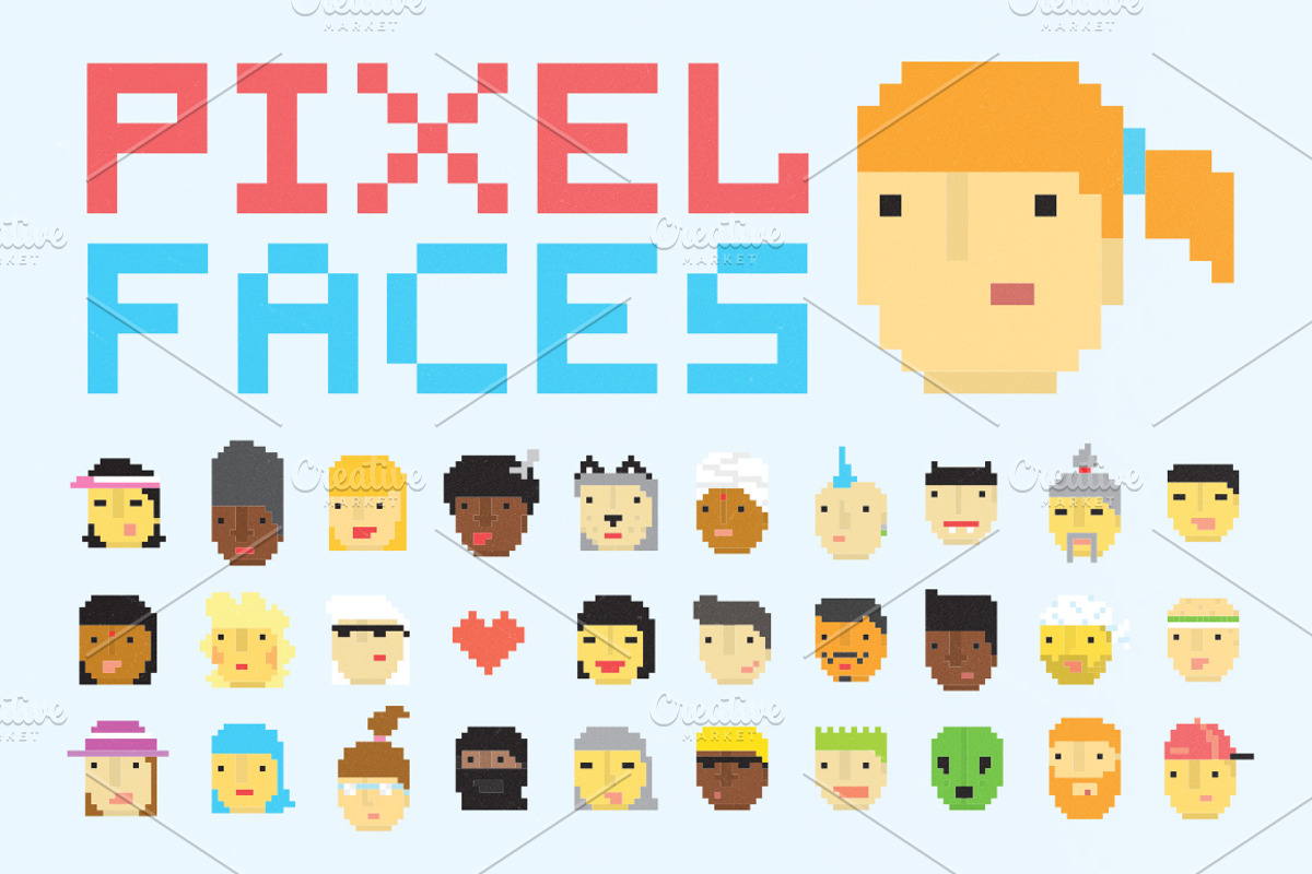 30 pixel art faces, an Object Graphic by Dmitriylo