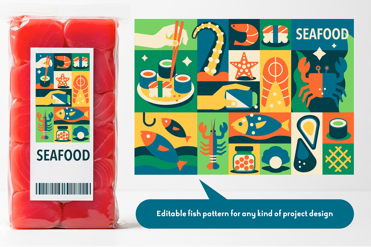 Mosaic Meat and Fish Designs, a Food Illustration by Lettering_Logo (Photo 5 of 9)