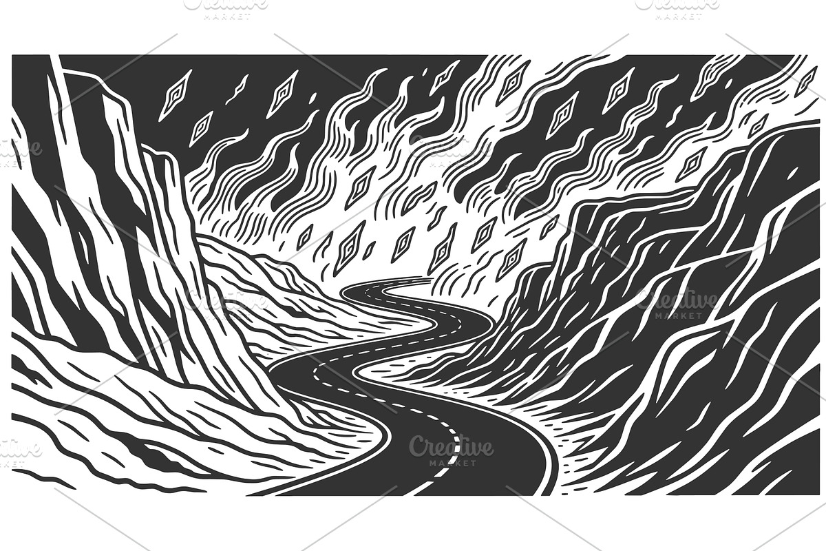 Winding Road Through Canyon Under, a Transportation Illustration by AlexArt