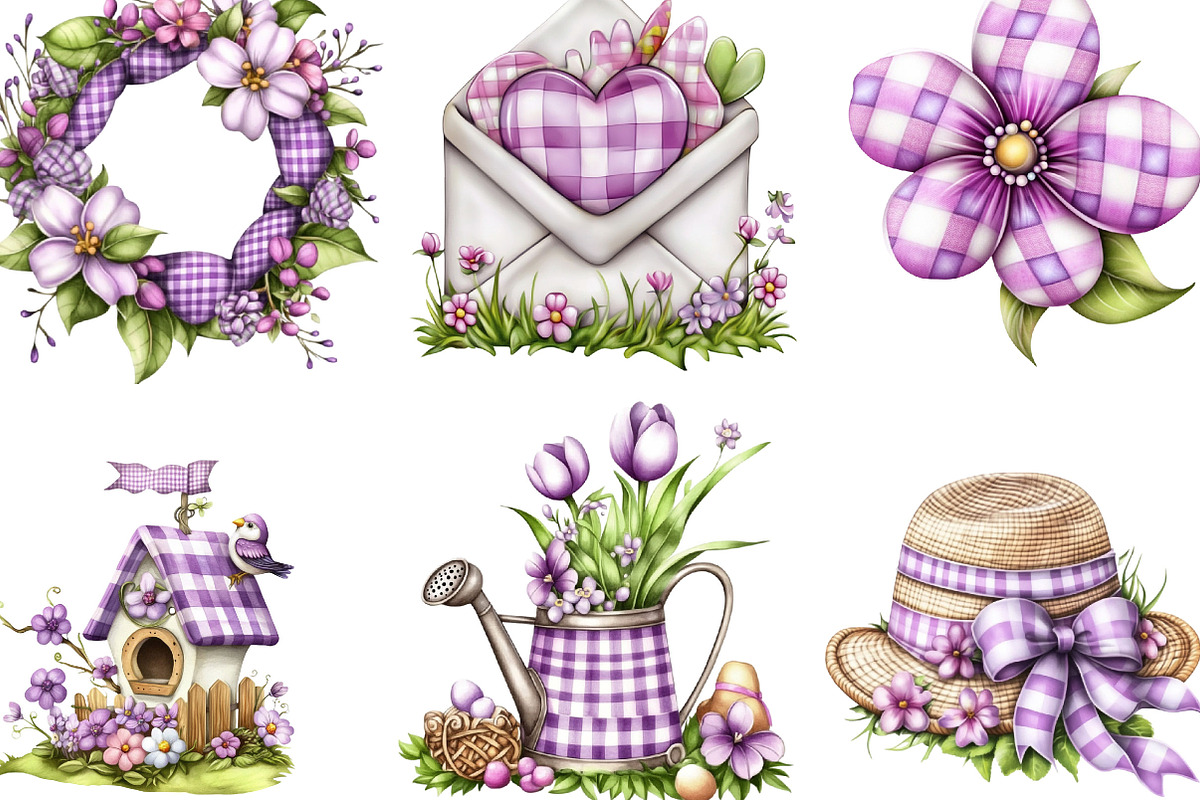 Spring Purple Gingham Clipart Bundle, an Illustration by Designking (Photo 3 of 5)