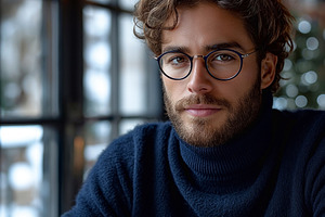 Caucasian male with glasses in a cozy coffee shop, enjoying a warm drink while, a Person Photo by ImageMir