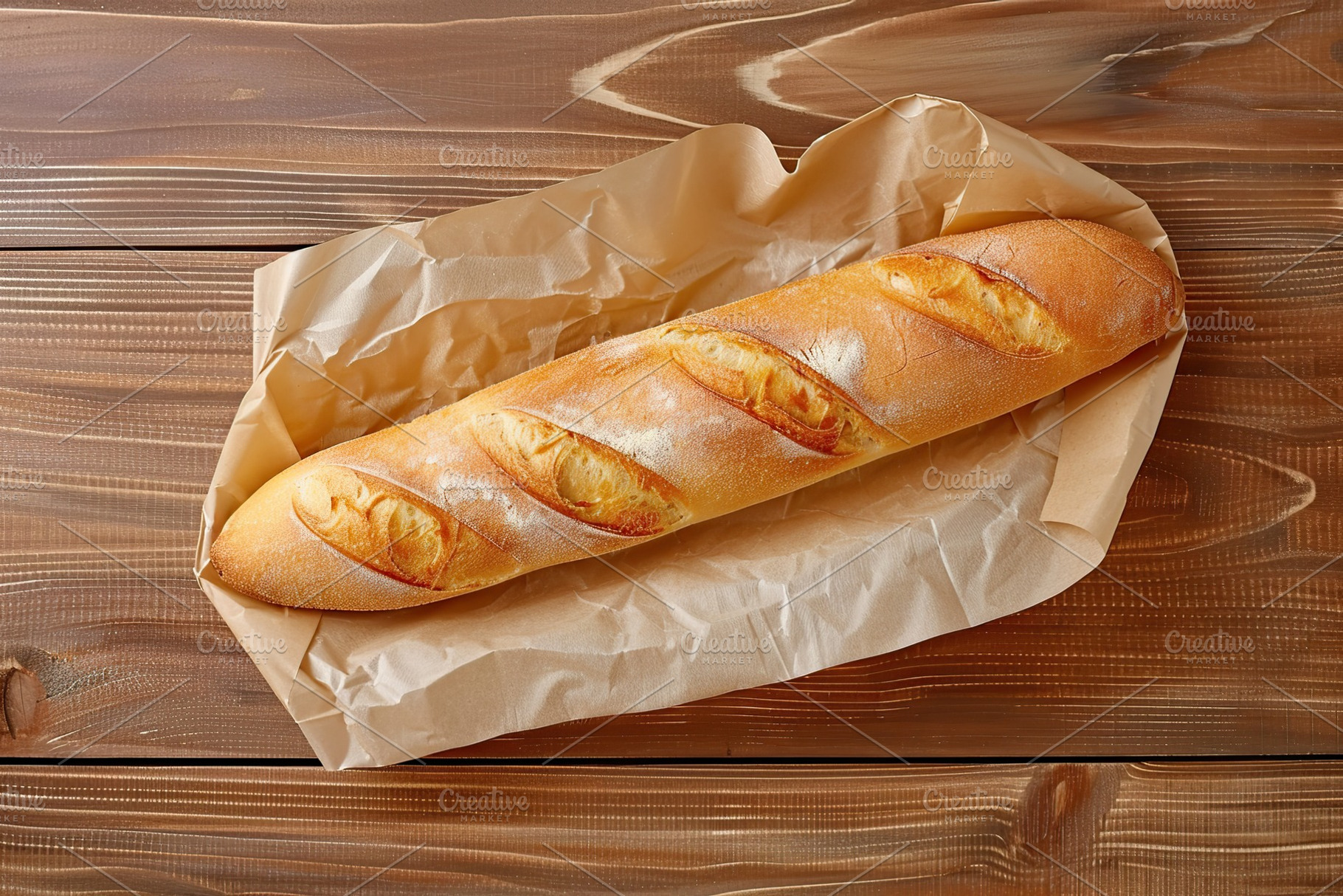 Flat lay of freshly baked baguette on paper bag, a Food & Drink Photo by AlyaAnd