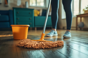 Woman mopping, wiping floor in home setting. Housewife uses mop, plastic bucket, a Business Photo by Lenor4ik