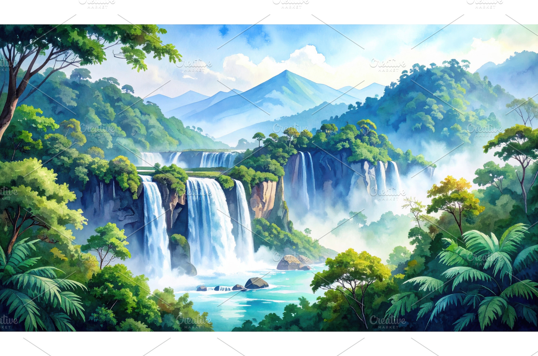 Waterfall cascading through a lush, a Background Photo by Igor Tichonow