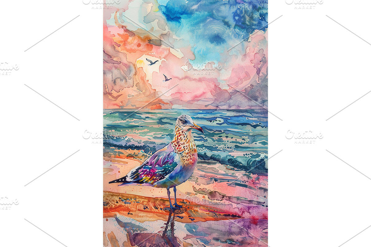 Colorful Seagull Watercolor Beach, an Animal Illustration by Art Paradise Studios