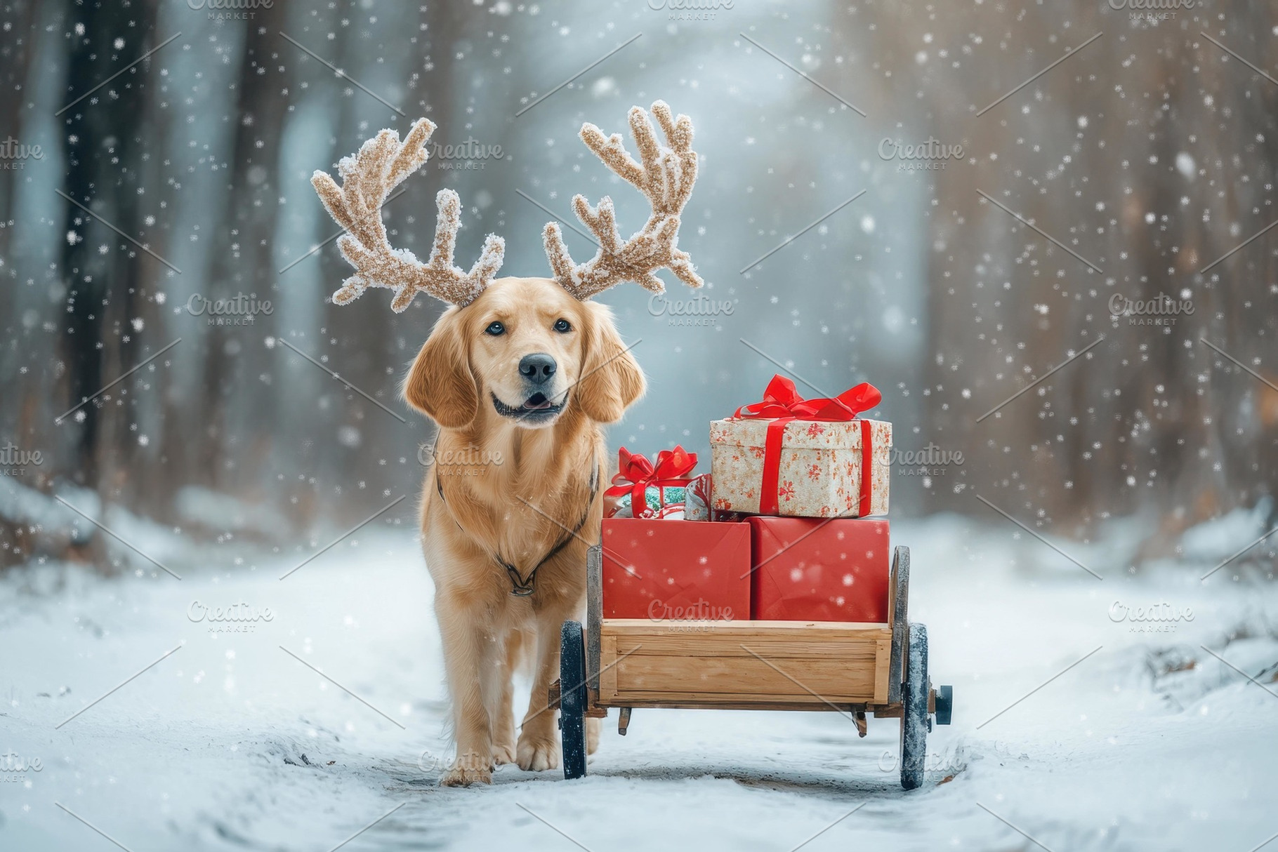 Dog with antlers pulling a wooden ca, a Photo by Tanuart
